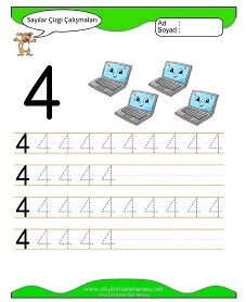 4 Rakamı Çizgi Çalışmaları Çalışma Sayfaları